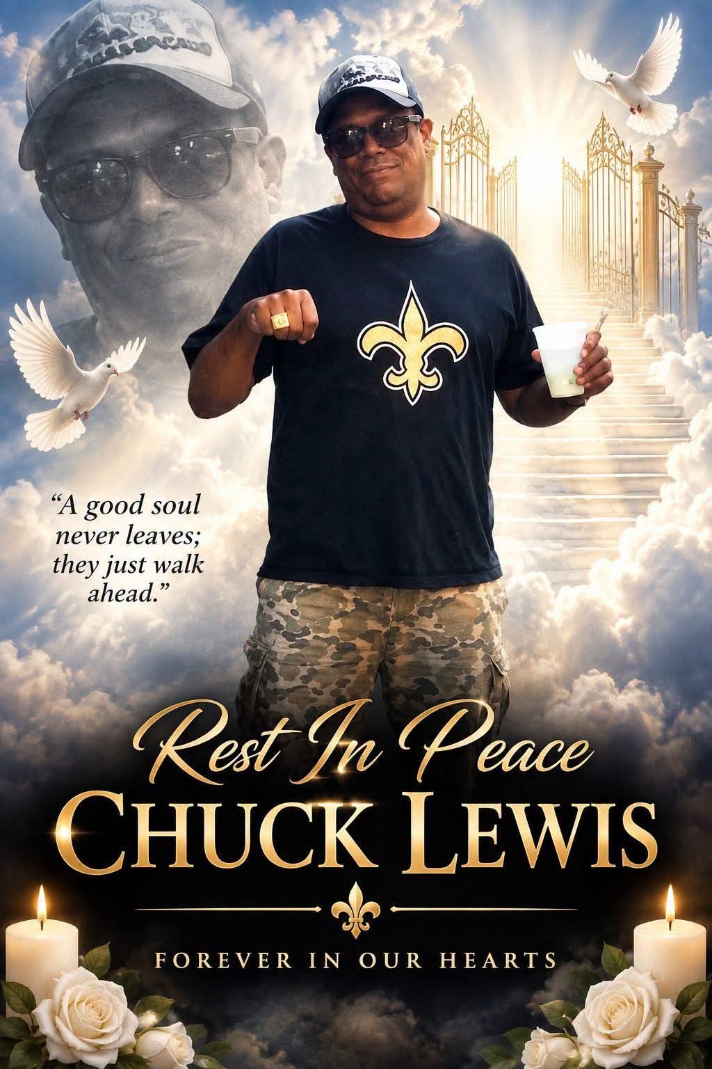 Memorial portrait of Chuck Lewis in a Saints shirt, with the words Rest In Peace, Chuck Lewis, Forever In Our Hearts